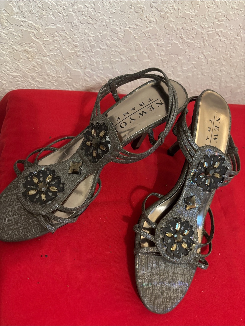 New York Transit Gunmetal Jeweled Strappy Heels